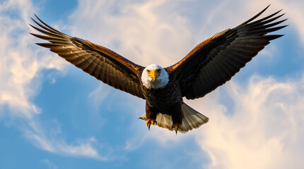 Fototapeta premium A majestic bald eagle in mid-flight, its wings stretched wide to reveal the intricate patterns of its feathers, set against a luminous blue sky with wispy clouds 