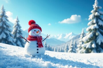 Fototapeta premium Snowy landscape with happy snowman in the foreground, surrounded by trees and a clear blue sky , snowflakes, snowy forest, winter scenery