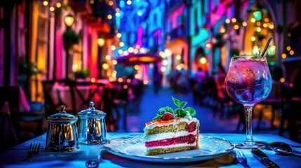 Vibrant Night Scene Delicious Dessert and Cocktail at Outdoor Restaurant Dining Experience