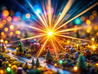 Fototapeta premium Miniature Light Burst: Dynamic Rays Radiating from Bright Center, Tilt-Shift Photography