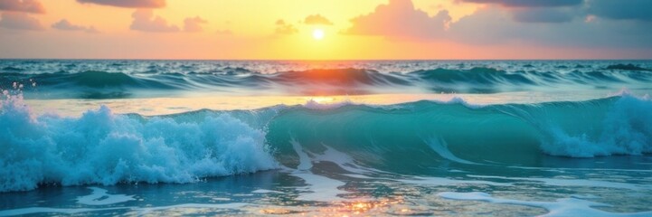Fototapeta premium Soft blue turquoise ocean waves with foam at sunset, blue ocean, natural wave texture
