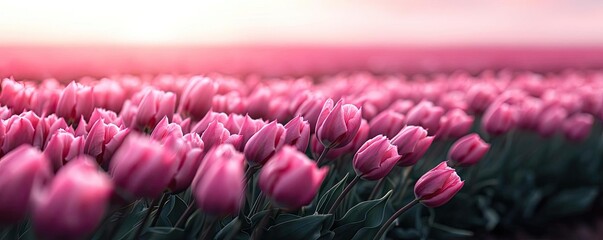 Obraz premium Macro flowers landscapes idea. A vibrant field of blooming pink tulips under a soft morning light.