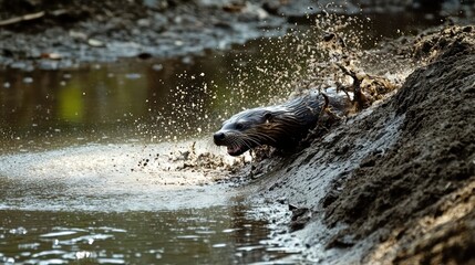 Fototapeta premium A river otter sliding down a muddy bank into the water, leaving a playful trail behind as it dives into the stream