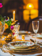 Festive dining table, exquisite porcelain, decorated with candles and a warm festive atmosphere