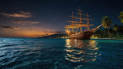 Fototapeta premium Galleon at night, tropical beach, starry sky, calm ocean, travel