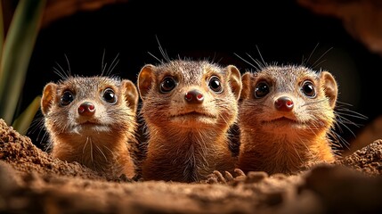 A captivating scene of a playful group of mongoose foraging in the dry African landscape their tiny faces and coordinated teamwork on display