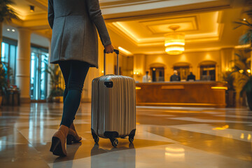 A traveler arriving at a luxury hotel. The traveler carries an elegant suitcase.