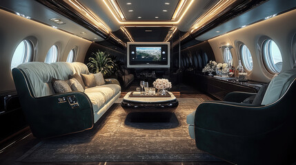 Luxurious private jet interior featuring plush seating, elegant decor, and large windows, creating spacious and inviting atmosphere