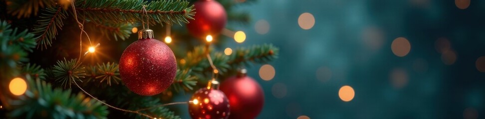 Obraz premium Sparkling Christmas tree with delicate ornaments and twinkling lights, baubles, christmas