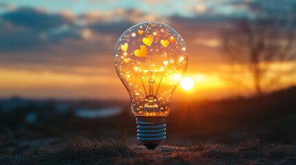 Glowing lightbulb with hearts and stars, symbolizing optimism and creativity in a bright, hopeful concept.