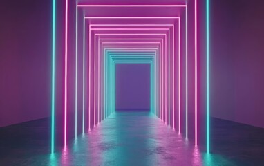 Fototapeta premium High-tech neon pathway with glowing purple and blue light beams, sleek futuristic digital perspective