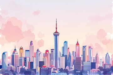 Obraz premium Modern city skyline with skyscrapers and iconic tower in artistic style.