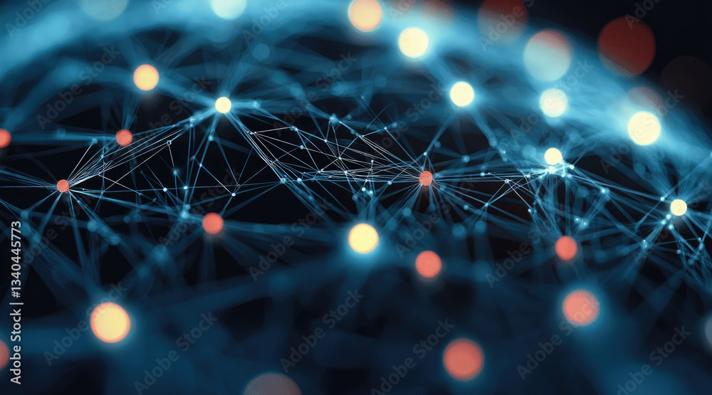 Fototapete close up view of digital network with interconnected lines and glowing nodes, representing technology and connectivity