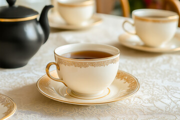 Fototapeta premium Breakfast with a beautiful porcelain tea set, morning rays of the sun.