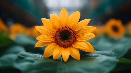 Vibrant Yellow Sunflower Closeup with Green Leaves