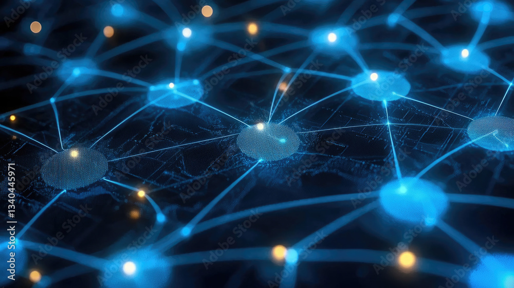 Poster Digital network connections with glowing nodes and lines, representing global communication and technology advancements