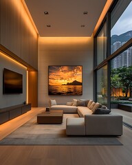 A breathtaking modern apartment in Hong Kong with a chic urban aesthetic. High ceilings and expansive floor-to-ceiling windows illuminate the space with warm natural light. The living room features 