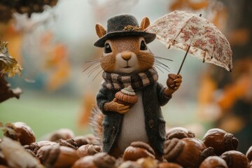 Obraz premium A detailed 3D sculpture of a squirrel holding a tiny umbrella, standing on a pile of oversized acorns, in a whimsical outdoor setting