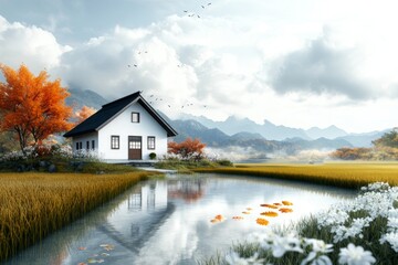 Obraz premium A detailed 3D-rendered illustration of a Japanese farm with rice paddies extending into the distance, bordered by blooming cherry trees and a traditional wooden farmhouse