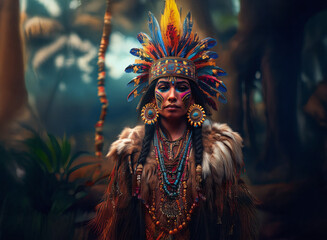 Fototapeta premium A woman adorned with vibrant feathers and tribal jewelry stands serenely amidst a lush, verdant background of tropical foliage.