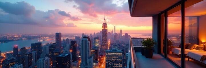 Stunning cityscape view from a luxurious apartment balcony, modern, upscale, apartment