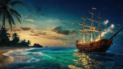 Fototapeta premium Pirate ship at dawn, tropical beach, fantasy scene, stock photo