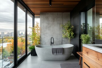 A geometric-shaped bathtub placed on a rooftop garden, with minimalist furniture and greenery complementing the design
