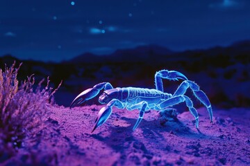 A scorpion glowing eerily under ultraviolet light, its body a stark contrast against the desert landscape at night