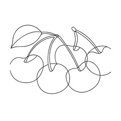 Line Art Drawing of Cherries, Branch, and Leaf