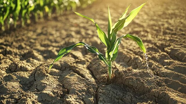 Resilience in Dry Soil: A young, vibrant plant defies adversity, pushing through cracked, arid earth towards the sun, symbolizing hope and the tenacity of life. 