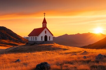 A minimalist illustration of an ancient church silhouette with a single cross on top, framed by a soft glow symbolizing its enduring presence