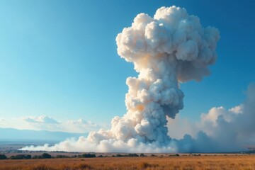 Fototapeta premium Towering smoke plume rises from the earth amidst a clear blue sky, volcanic eruption, environmental damage, landscape