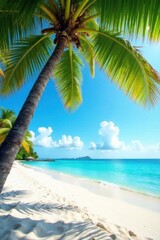 Fototapeta premium tranquil beach scene with swaying palms and turquoise water on a sunny day, tropical, turquoise, warm light