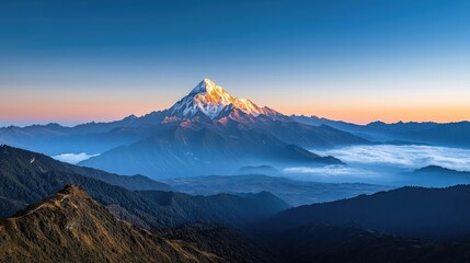 Mountain range landscapes idea. Breathtaking view of a majestic mountain at sunset with dramatic cloud formations.