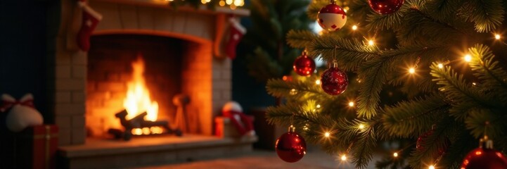Obraz premium Twinkling lights on a decorated Christmas tree amidst warm glow of fireplace, seasonal, warmth