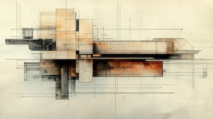 Abstract architectural drawing of geometric forms and lines rendered