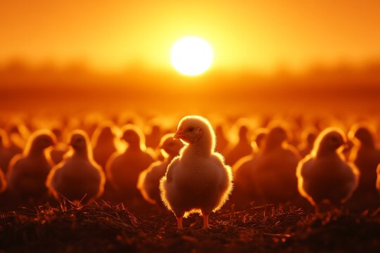 A modern poultry farm at night, with automated lights glowing softly and rows of chickens resting peacefully