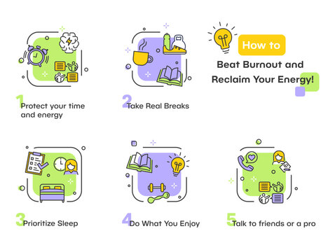 Infographic on strategies to overcome burnout and restore energy levels with effective tips and tricks