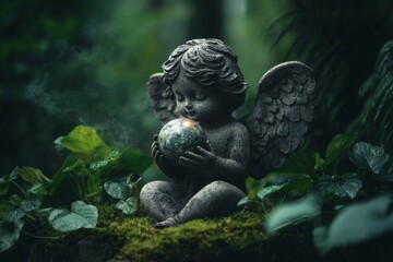 Fototapeta premium A mystical stone angel holding an orb, with ethereal light emanating from it, surrounded by ivy and mist in a hidden garden
