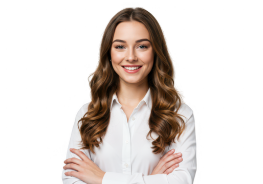 Portrait of a smiling woman with arms crossed wearing a white shirt 
