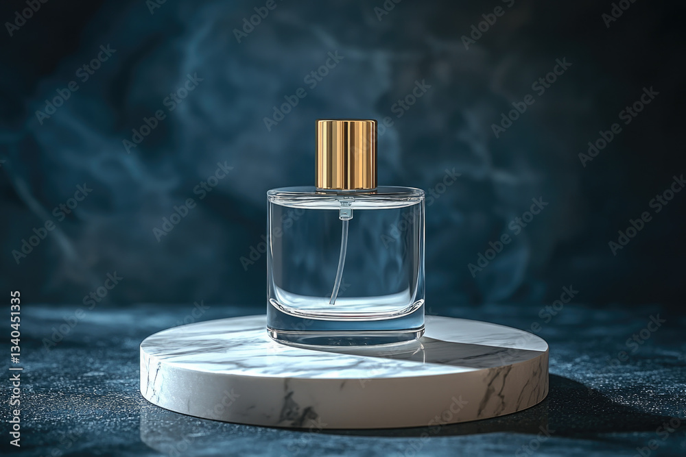Poster minimalist perfume bottle elegantly displayed on marble surface, exuding sophistication and charm in