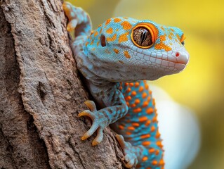 A tokay gecko perched on a tree, its vibrant blue-and-orange spotted skin glowing in the soft light, showcasing naturea??s color palette