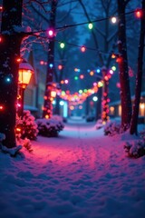 Fototapeta premium Vibrant display of colorful Christmas lights in a winter wonderland scene , red, winter