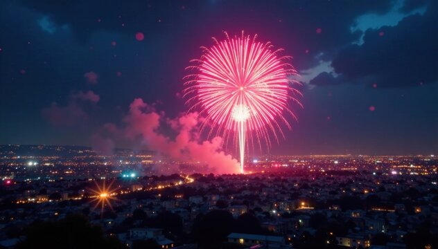 Vibrant explosion of colorful fireworks in mid-air over a cityscape at night, exploding firework, fireworks