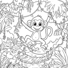 Fototapeta premium Wild Animals Coloring Page, EPS10, Black Line on White Background, Monkey