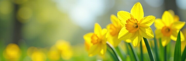 Vibrant yellow daffodils swaying in the breeze, wildflowers, outdoor