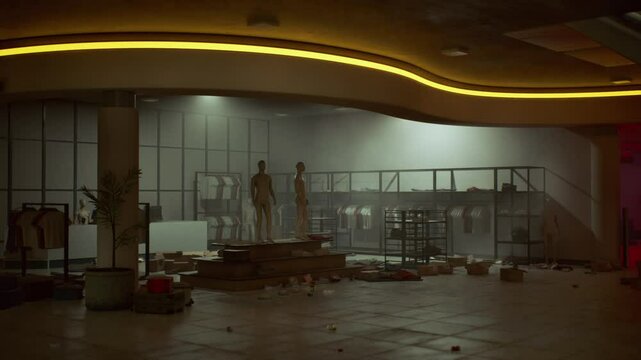 The interior of a ransacked store reveals broken displays and scattered debris. The atmosphere is dim, with mannequins standing amidst the chaos, highlighting the vandalism.