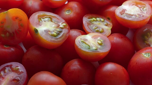 Cherry tomatoes whole and half cut kept on rotating disc. Close up video of cherry tomatoes