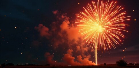 Vibrant yellow fireworks explode in a kaleidoscope of colors, leaving trails of glowing embers , colors,