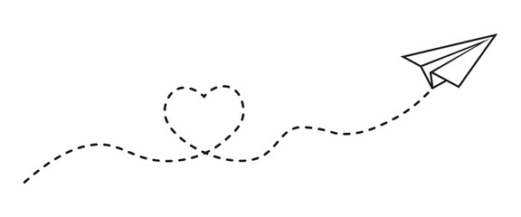 Paper plane with heart shaped dotted line. transparent png and vector illustration.